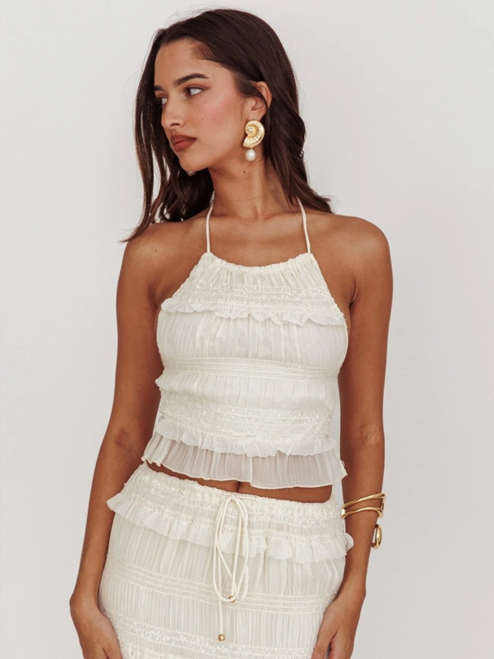 Grecian Goddess Shirred Sequin Halterneck Crop Top